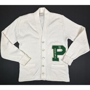 VTG 1970s Varsity Letterman Cardigan White Knit Award Sweater Pasadena Patch EUC
